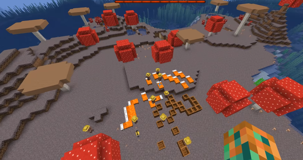 Defending a village on a mushroom island in Minecraft