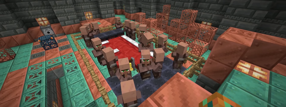 E se construir uma vila nas Câmaras de Prova e beber a «Garrafa Sinistra»? no Minecraft